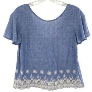 Cottagecore Eyelet Embroidered Chambray Button Back Top